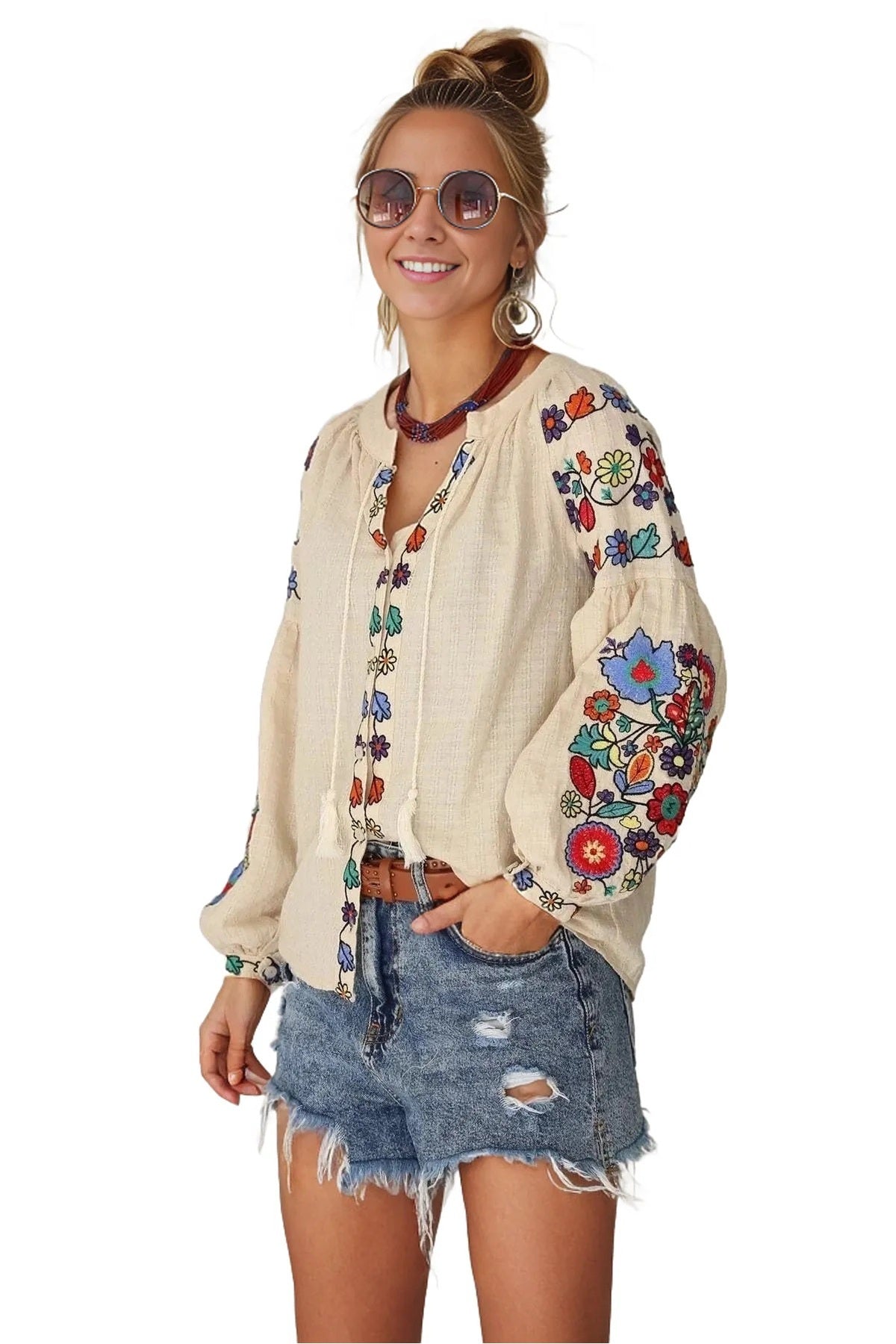 Rosemary Women's Floral Embroidered Sleeve Blouse - Beige