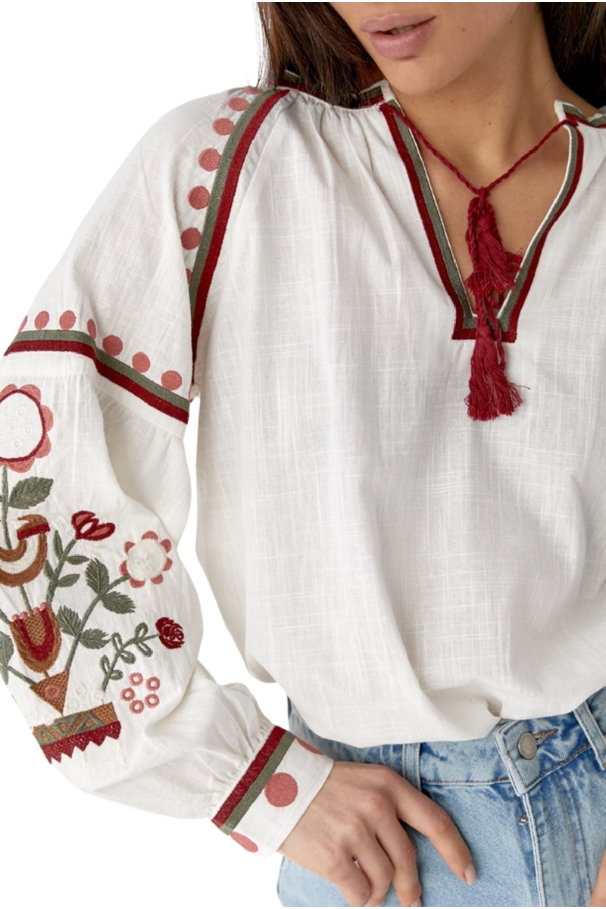 Sylvia Women's Cotton Floral Embroidered Blouse - Burgundy Floral