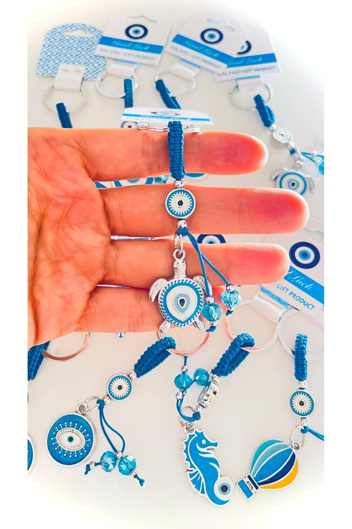 Abigail Silver-Plated Evil Eye Keychain - Blue