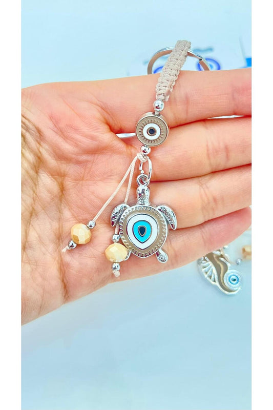 Abigail Silver-Plated Evil Eye Keychain - Beige Turtle