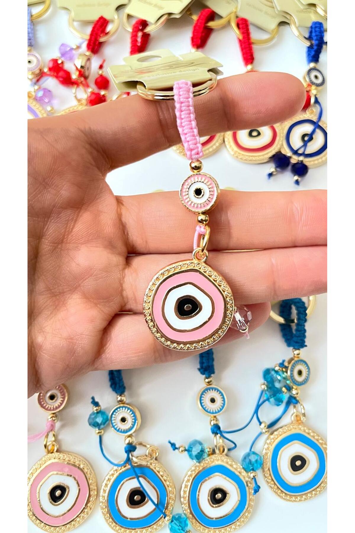 Brianna Gold-Plated Evil Eye Bead Keychain - Pink and Blue Evil Eye