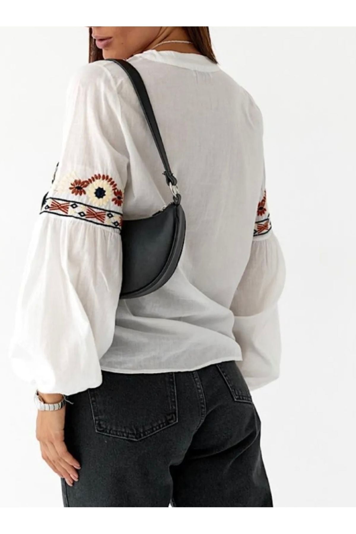 Summer Women's Cotton Boho Embroidered Button-Up Blouse - White
