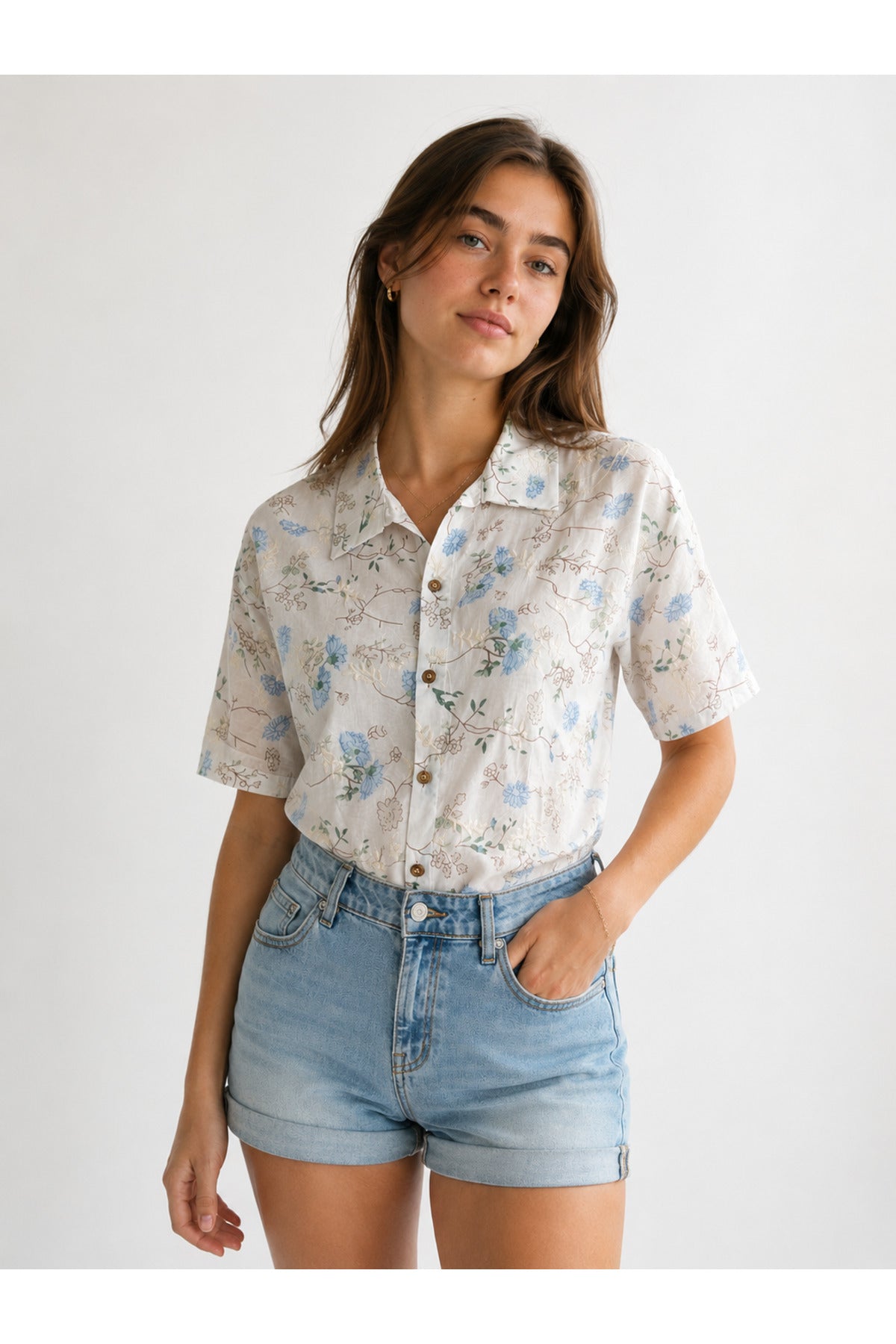 Women's blue lotus floral embroidered short sleeve shirt - view 8
