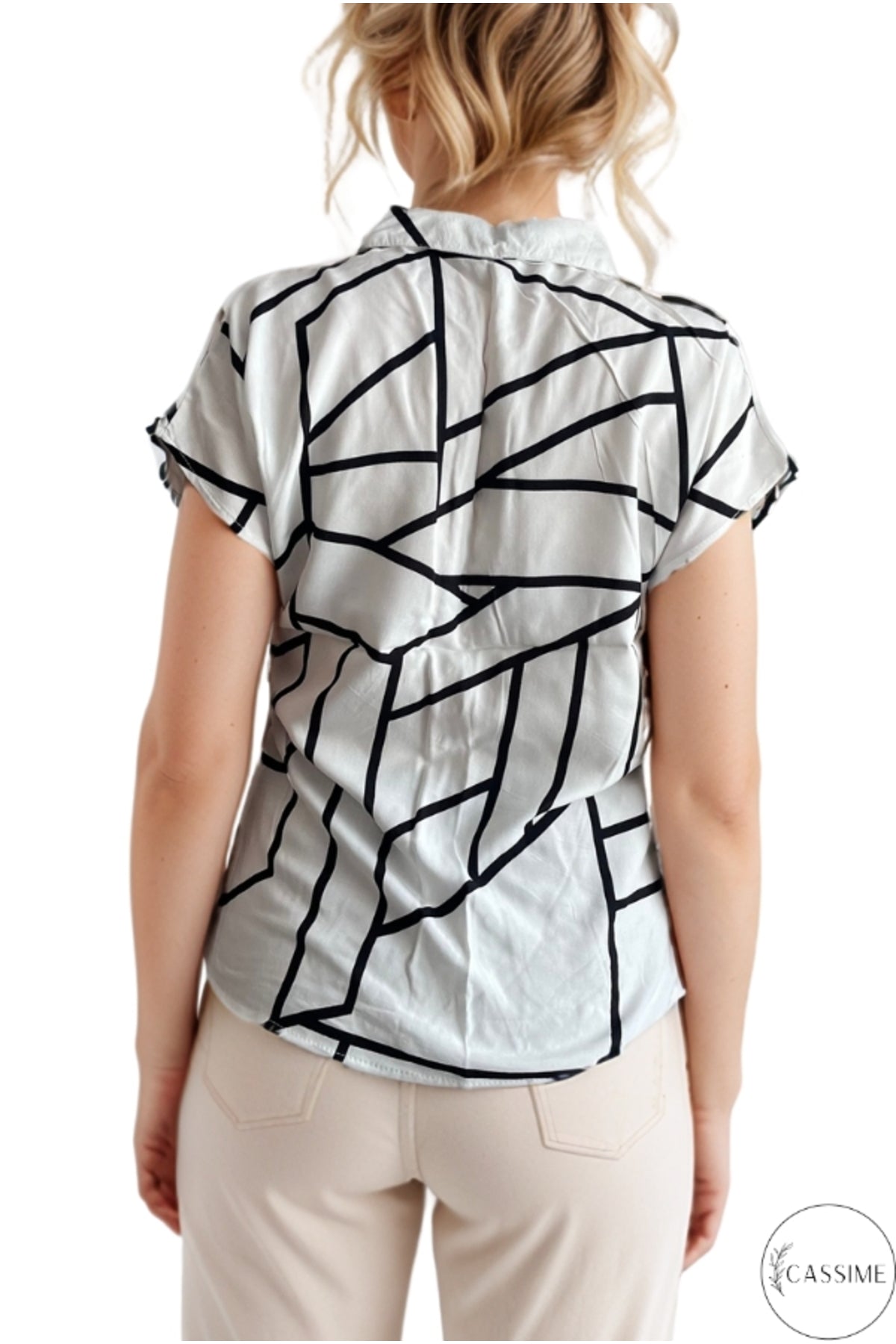 Charlotte Women's Short Sleeve Batwing Shirt - White and Black Geometric Print