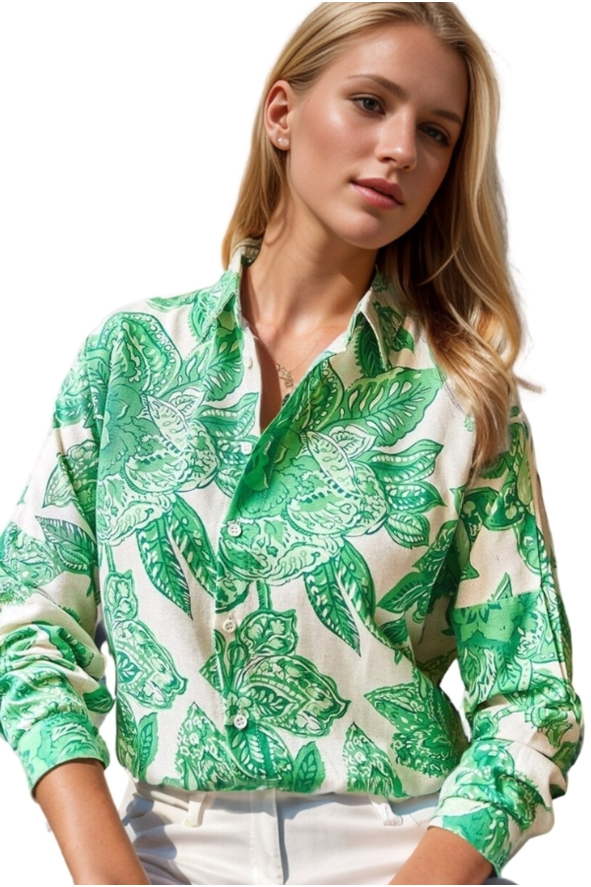 Emilia Women's Linen-Viscose Blend Oversized Printed Shirt - Green Large Floral
