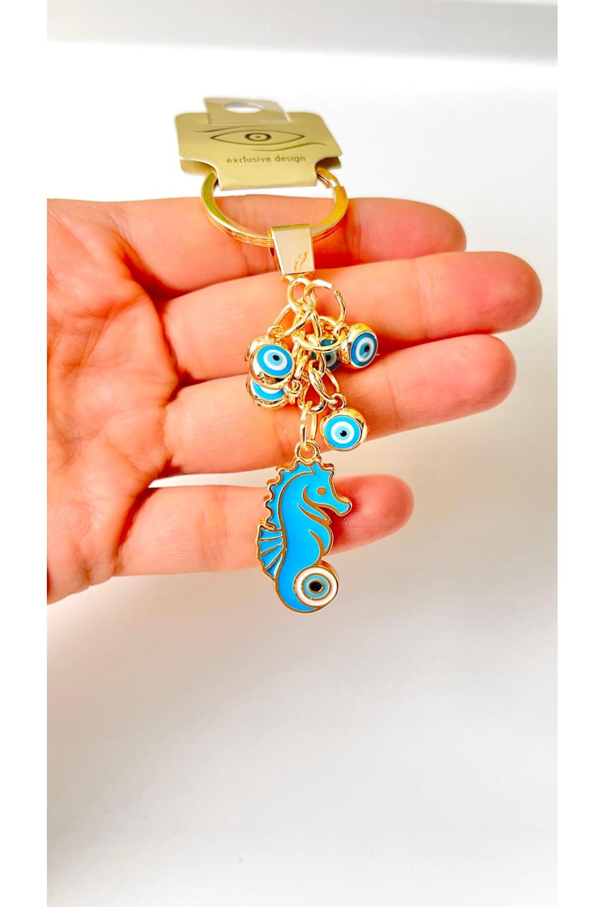 Madeleine Dangling Evil Eye Keychain - Blue Seahorse
