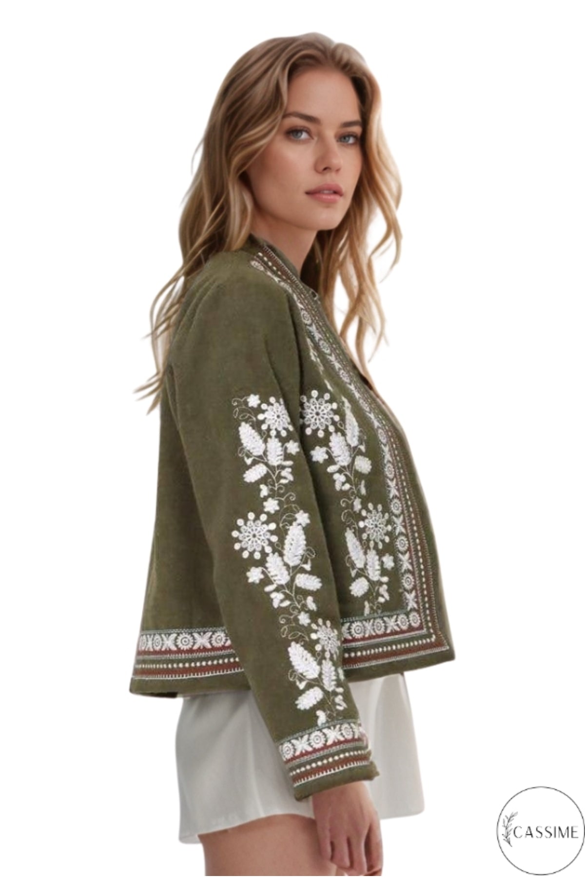 Caitlin Women's Floral Embroidered Boho Jacket - Khaki