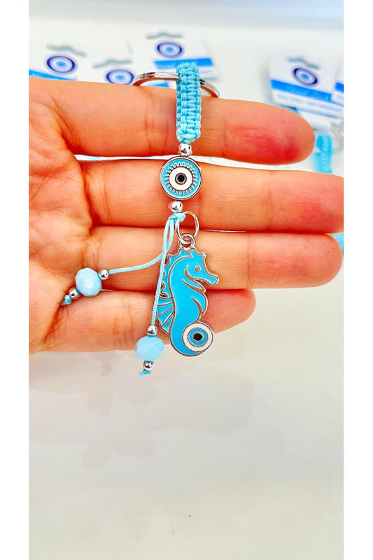 Abigail Silver-Plated Evil Eye Keychain - Light Blue Seahorse