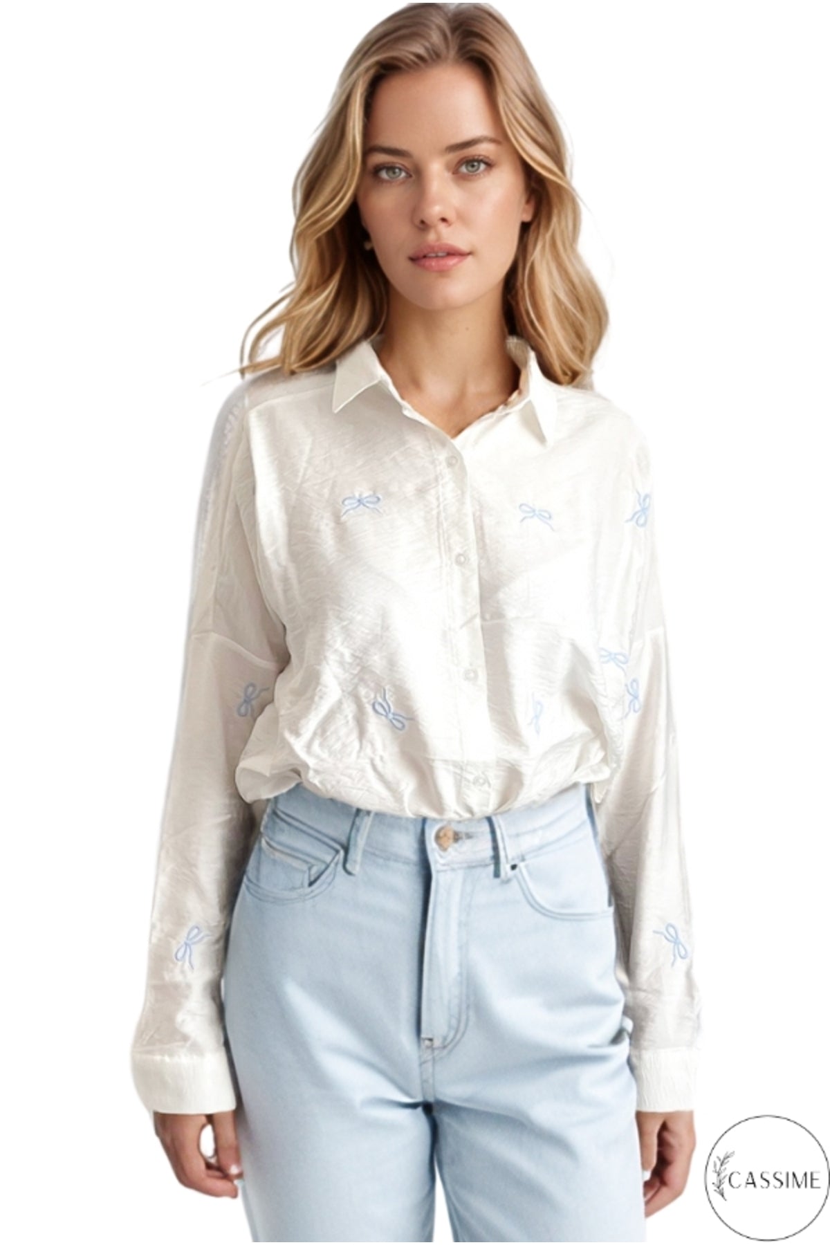 Delilah Women's Cotton Oversized Embellished Long Sleeve Shirt - White with Blue Ribbon Detail