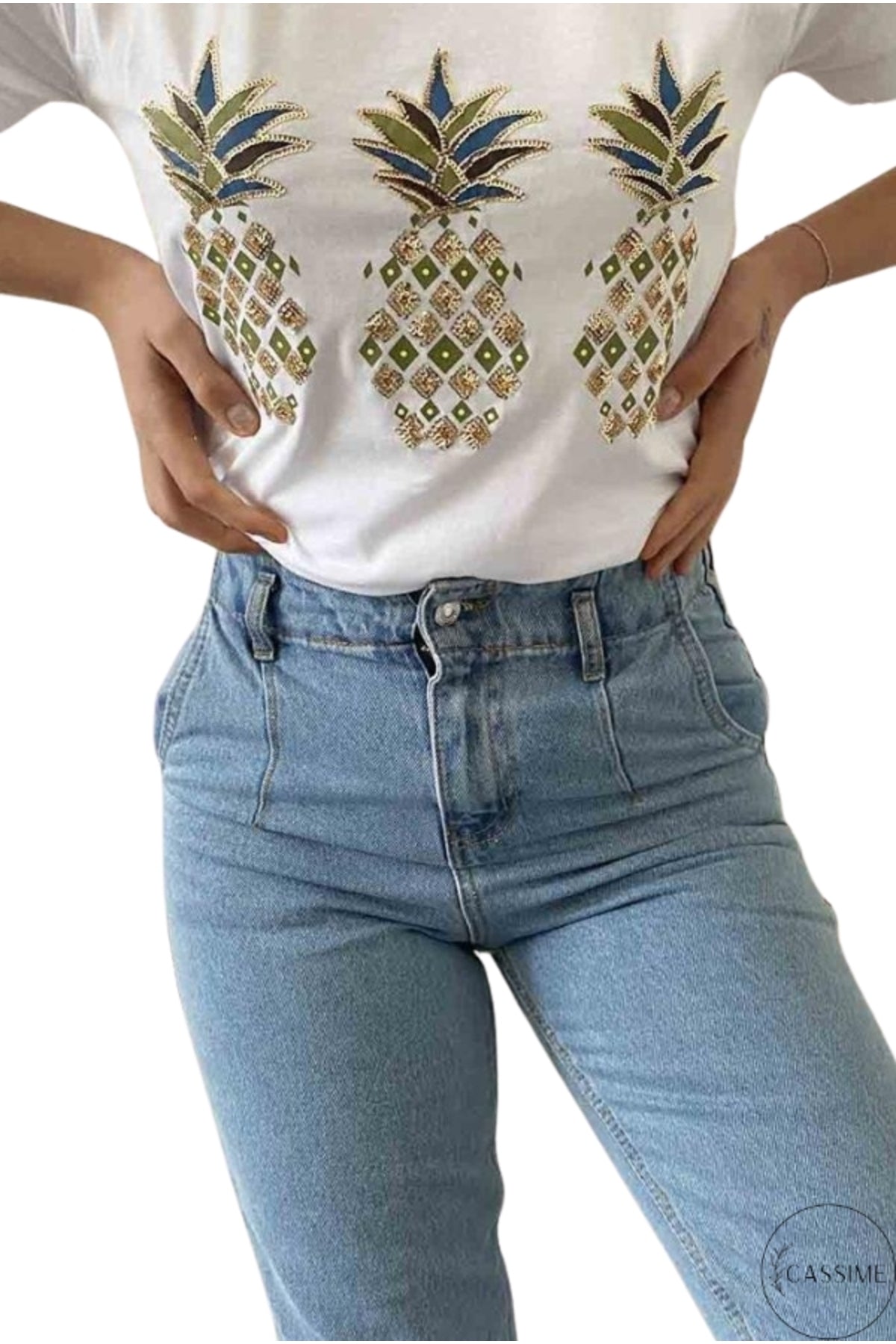 Olivia Women's Cotton Plus Size Embellished V-Neck T-Shirt - White with Pineapple Embroidery