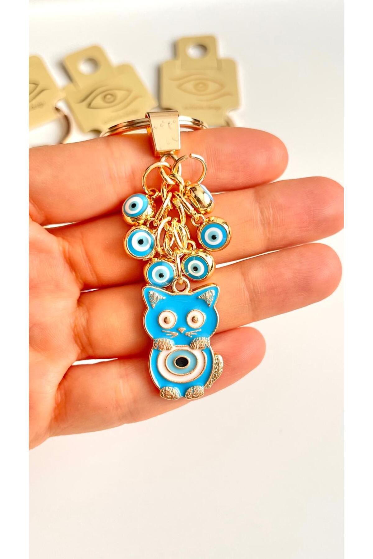 Madeleine Dangling Evil Eye Keychain - Blue Cat Design