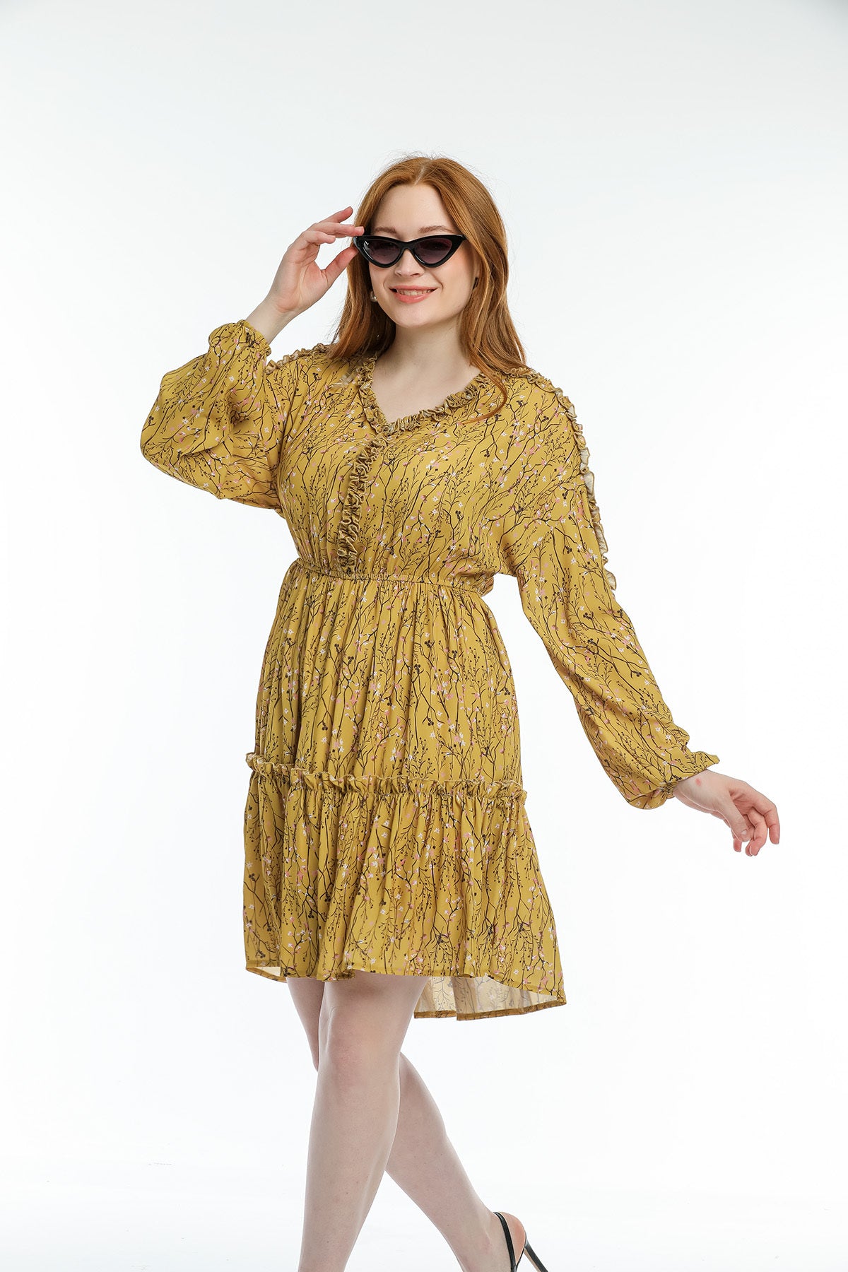 Laura Women's Floral Elastic Waist Mini Dress - Mustard Floral