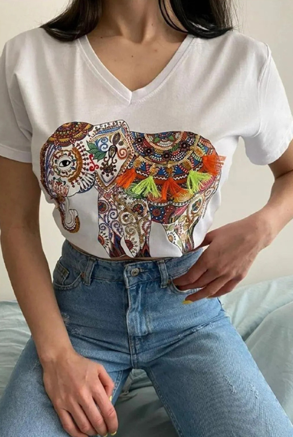 Cactus Floral Sequin Katoenen T-shirt - Wit