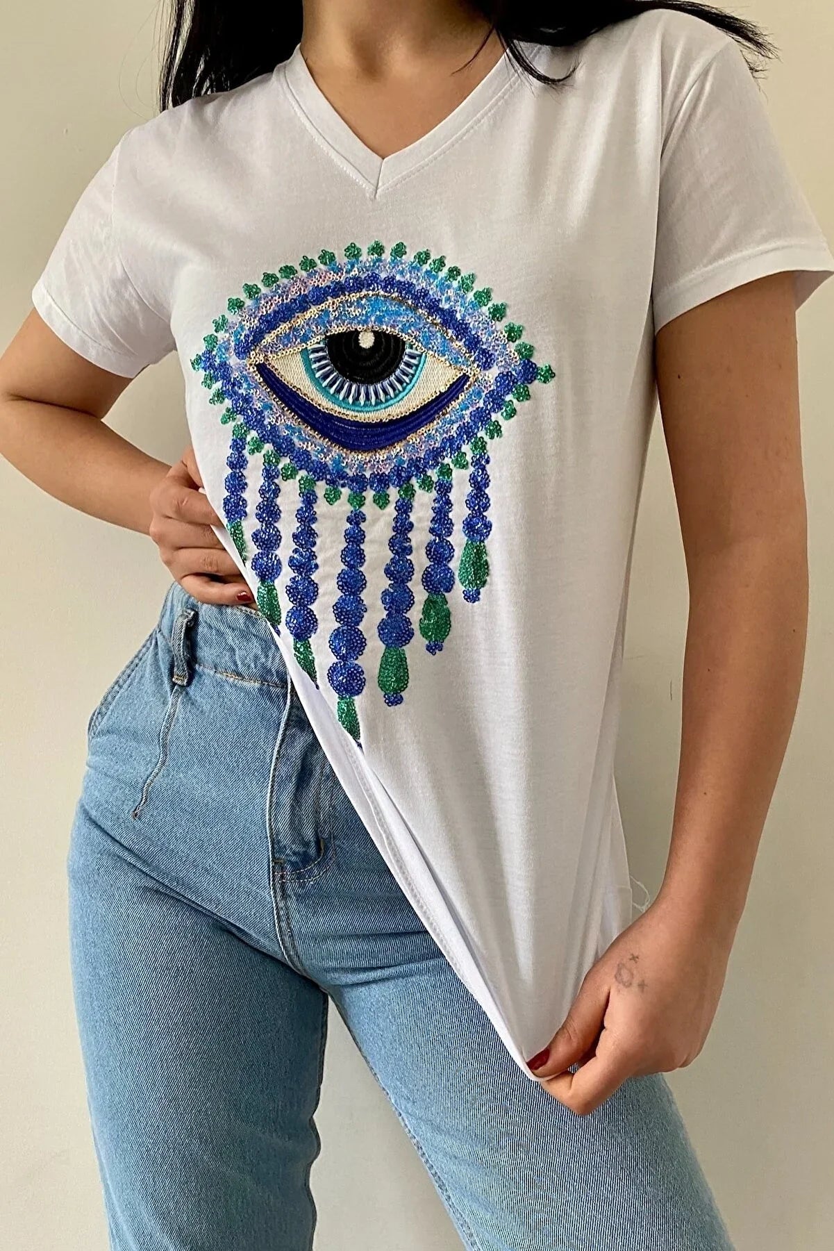 Boze Oog Pailletten Katoenen T-shirt - Wit