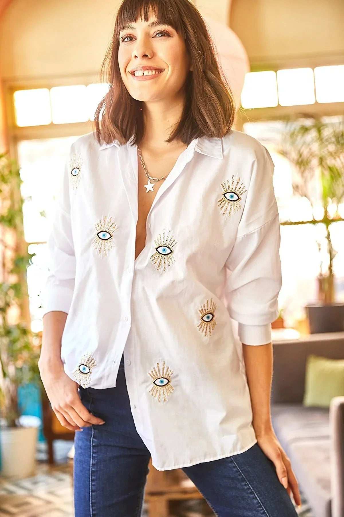 Evil Eye Embroidered Cotton Blouse