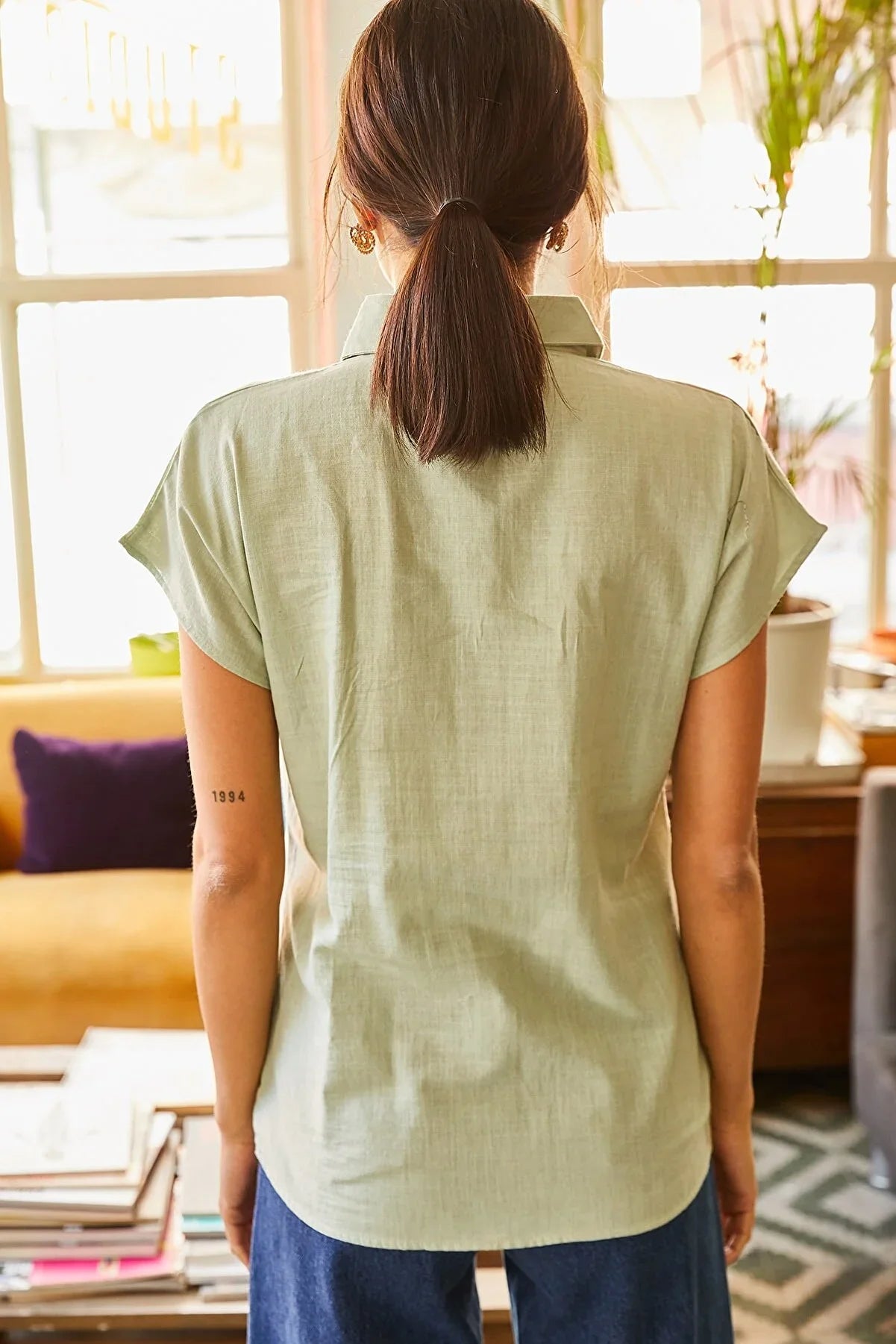 Sofia Soft Green Linen Blend Button Down Short Sleeve Shirt
