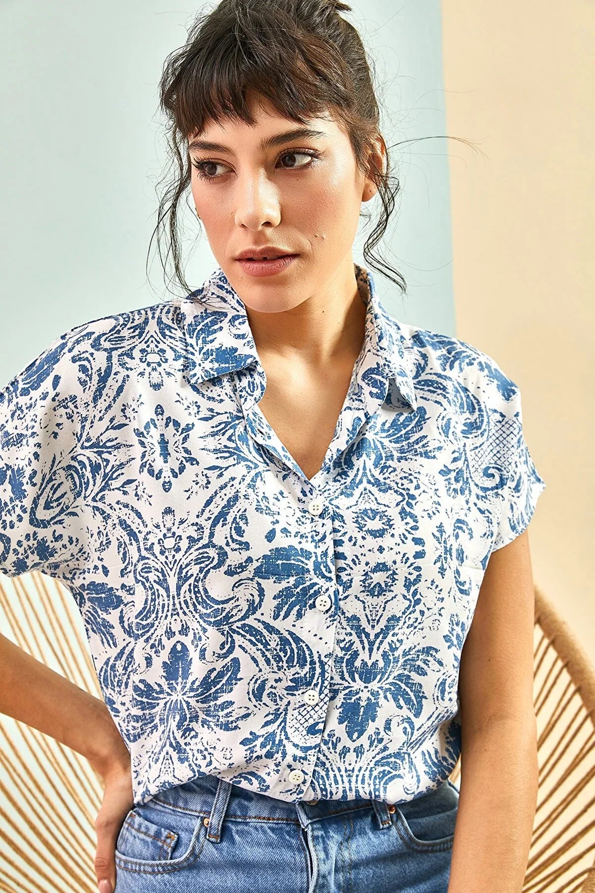 Blue Floral Short Sleeve Button-Down Shirt