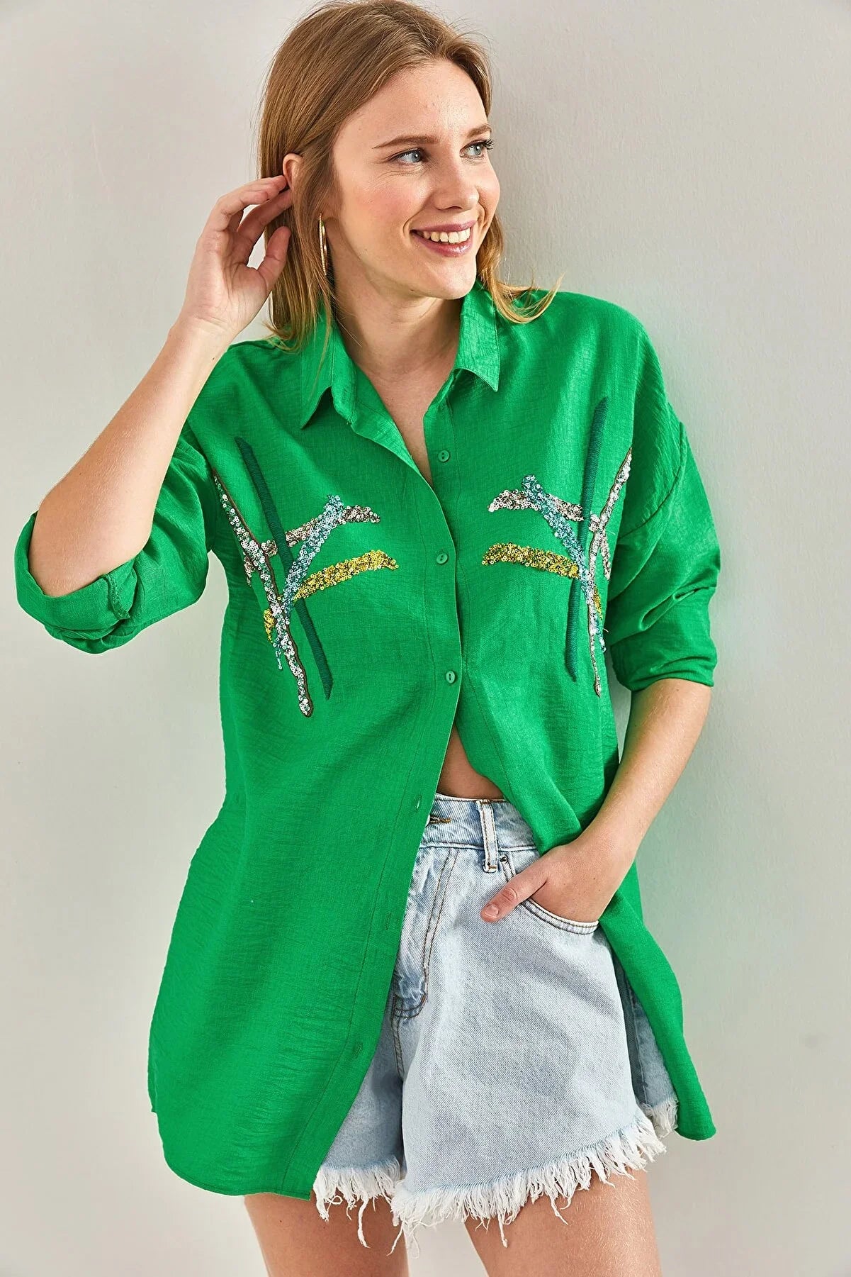 Cotton Beige Designer Sequin Blouse