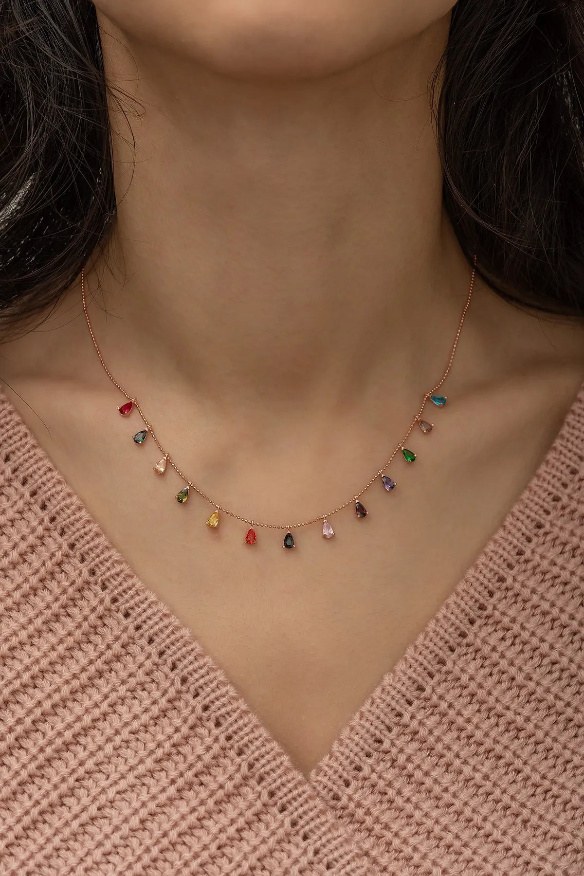 925 Sterling Silver Necklace with Drop Mix Stones