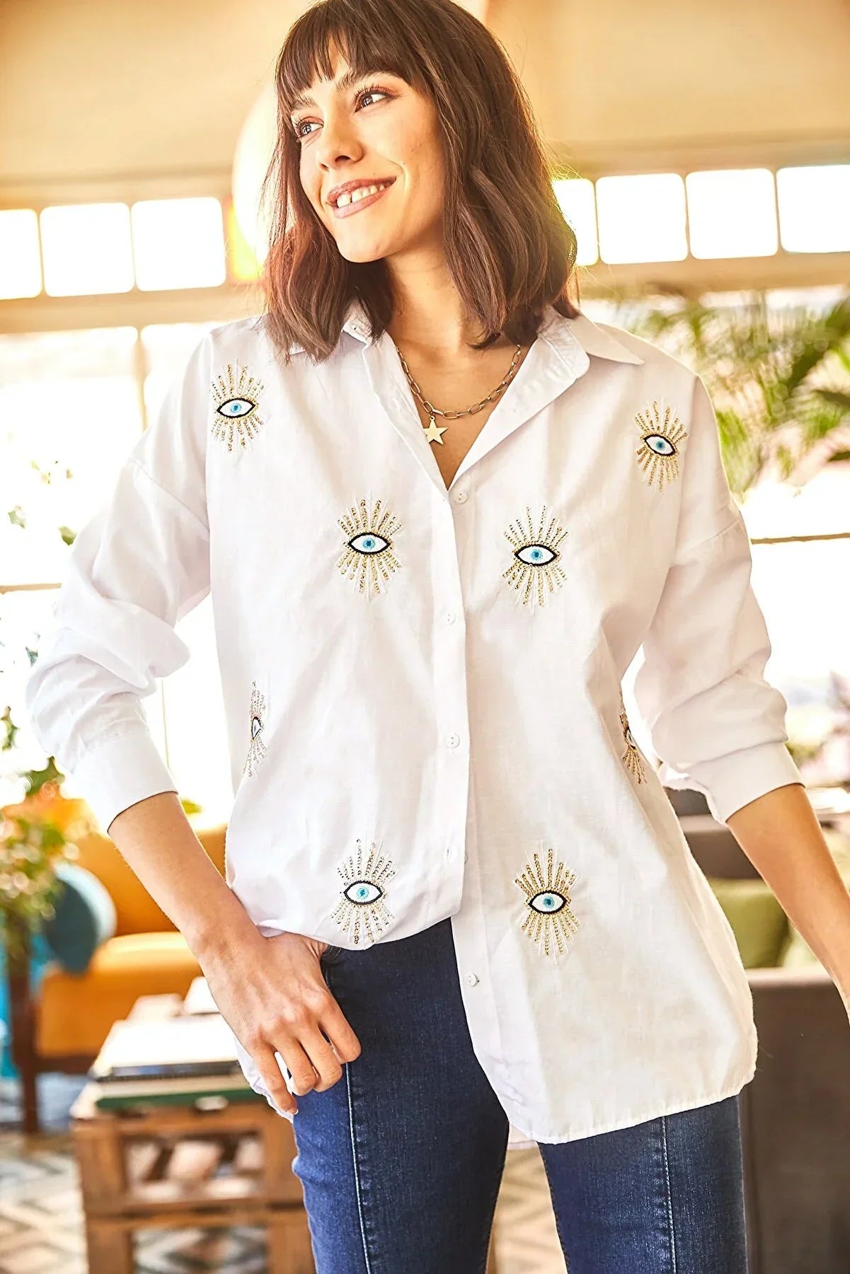 Evil Eye Embroidered Cotton Blouse