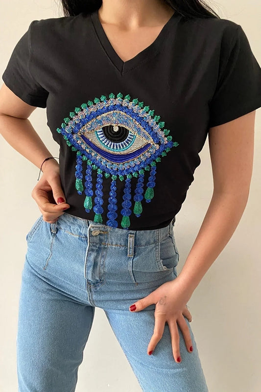 TildaEvil Eye Cotton T-Shirt - Black