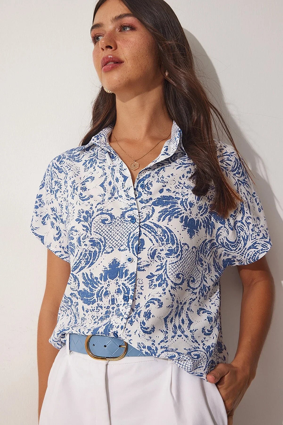 Blue Floral Short Sleeve Button-Down Shirt