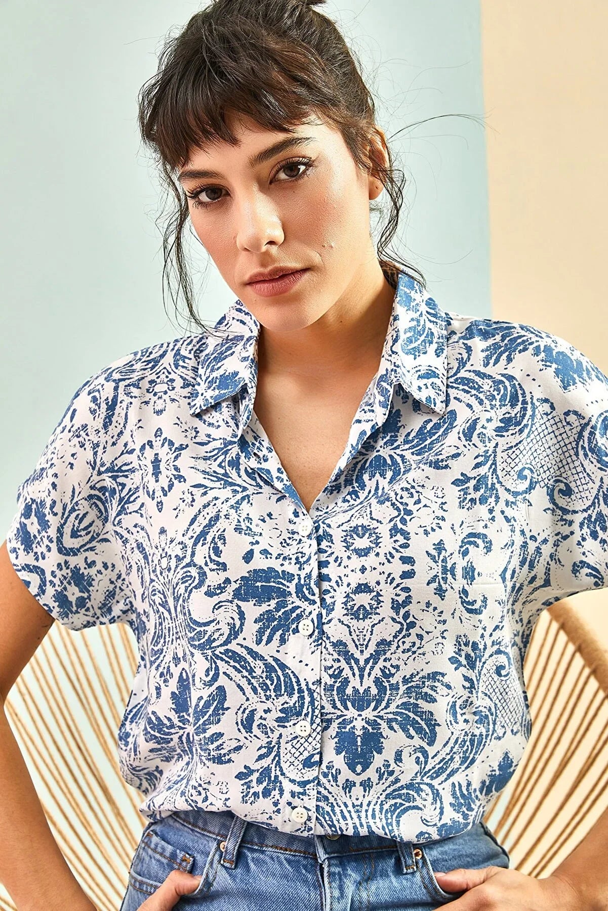 Blue Floral Short Sleeve Button-Down Shirt