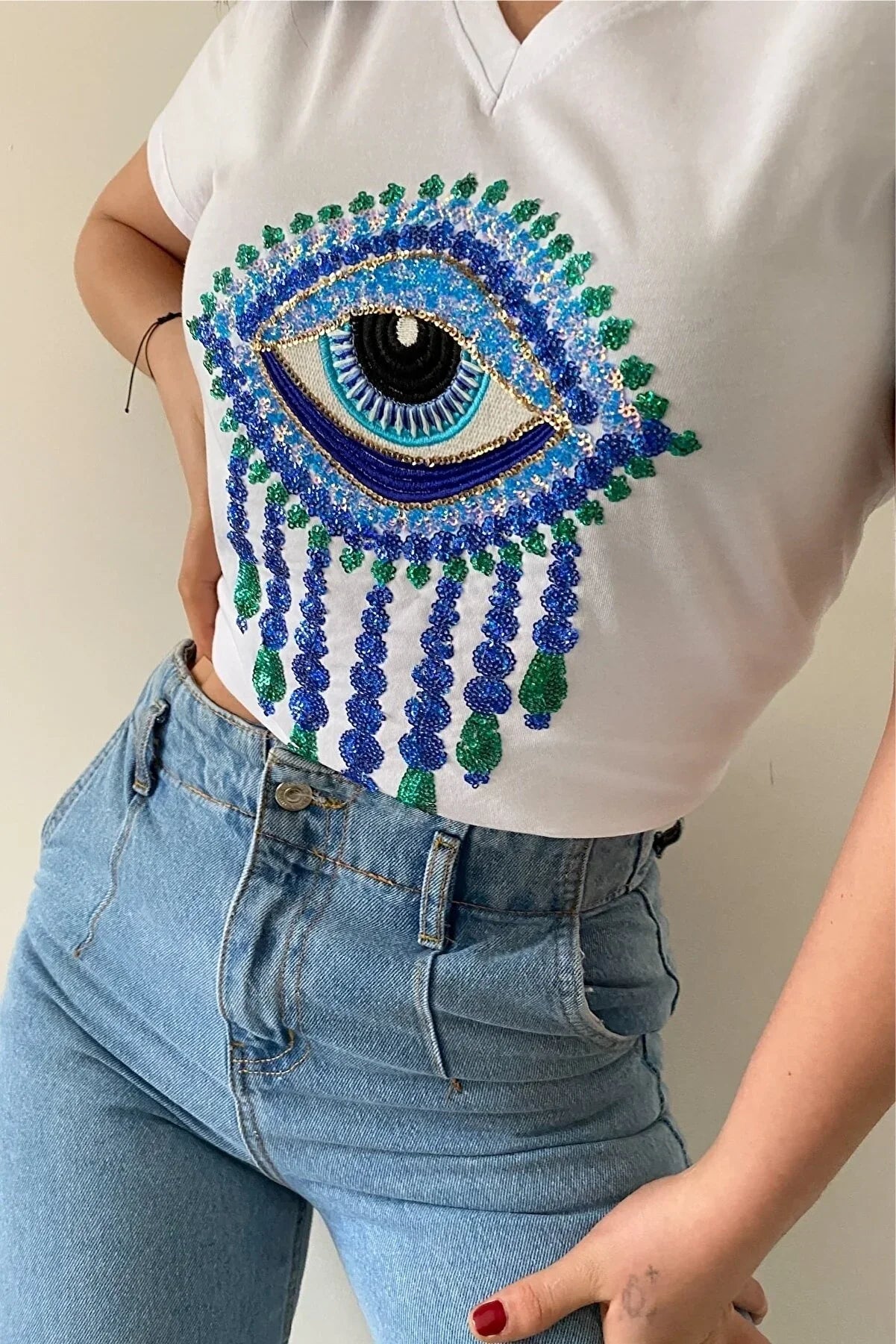 Boze Oog Pailletten Katoenen T-shirt - Wit