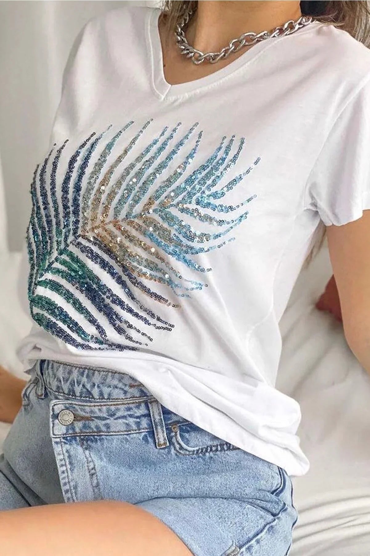Katoenen T-shirt met pailletten en palmbladeren