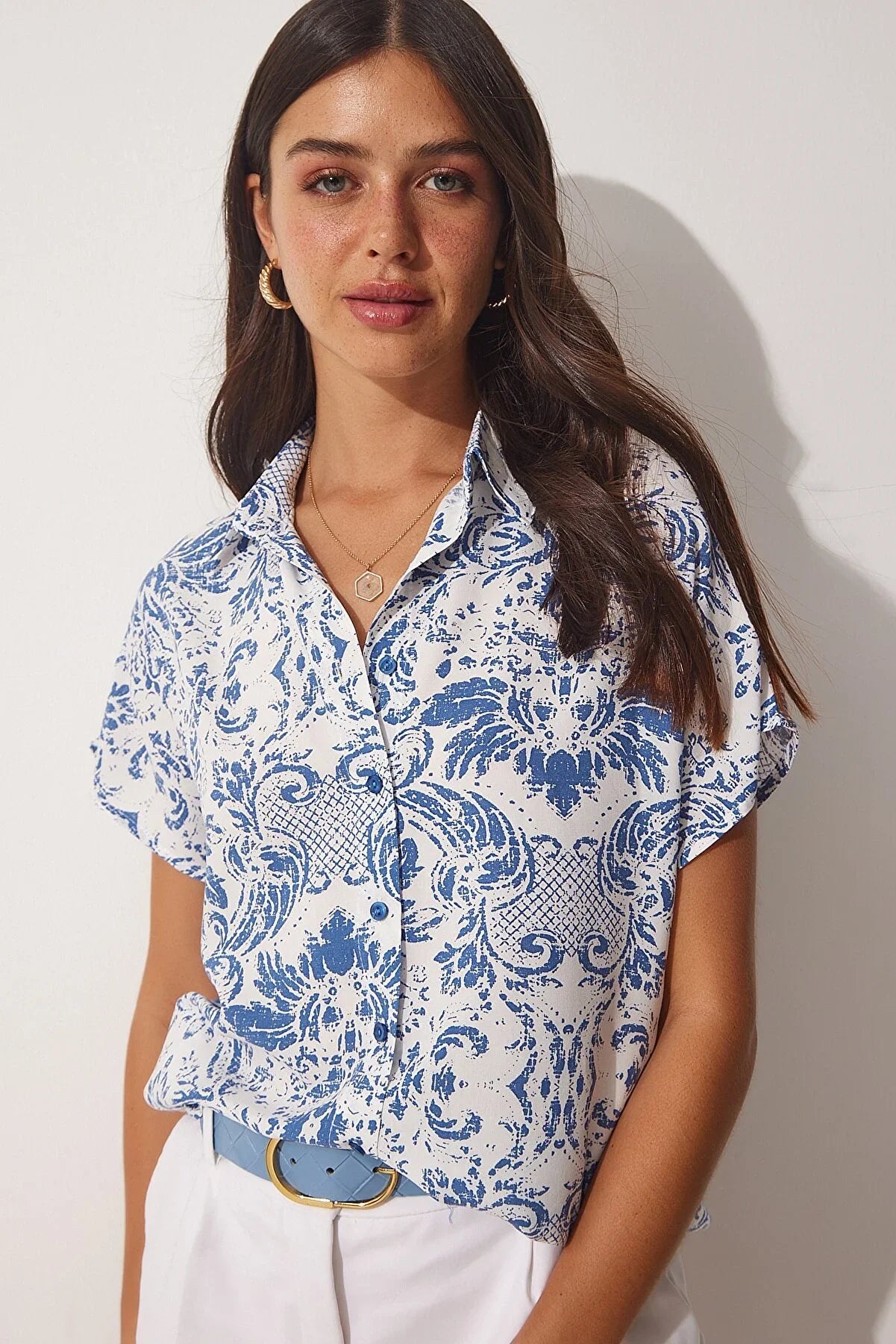 Blue Floral Short Sleeve Button-Down Shirt