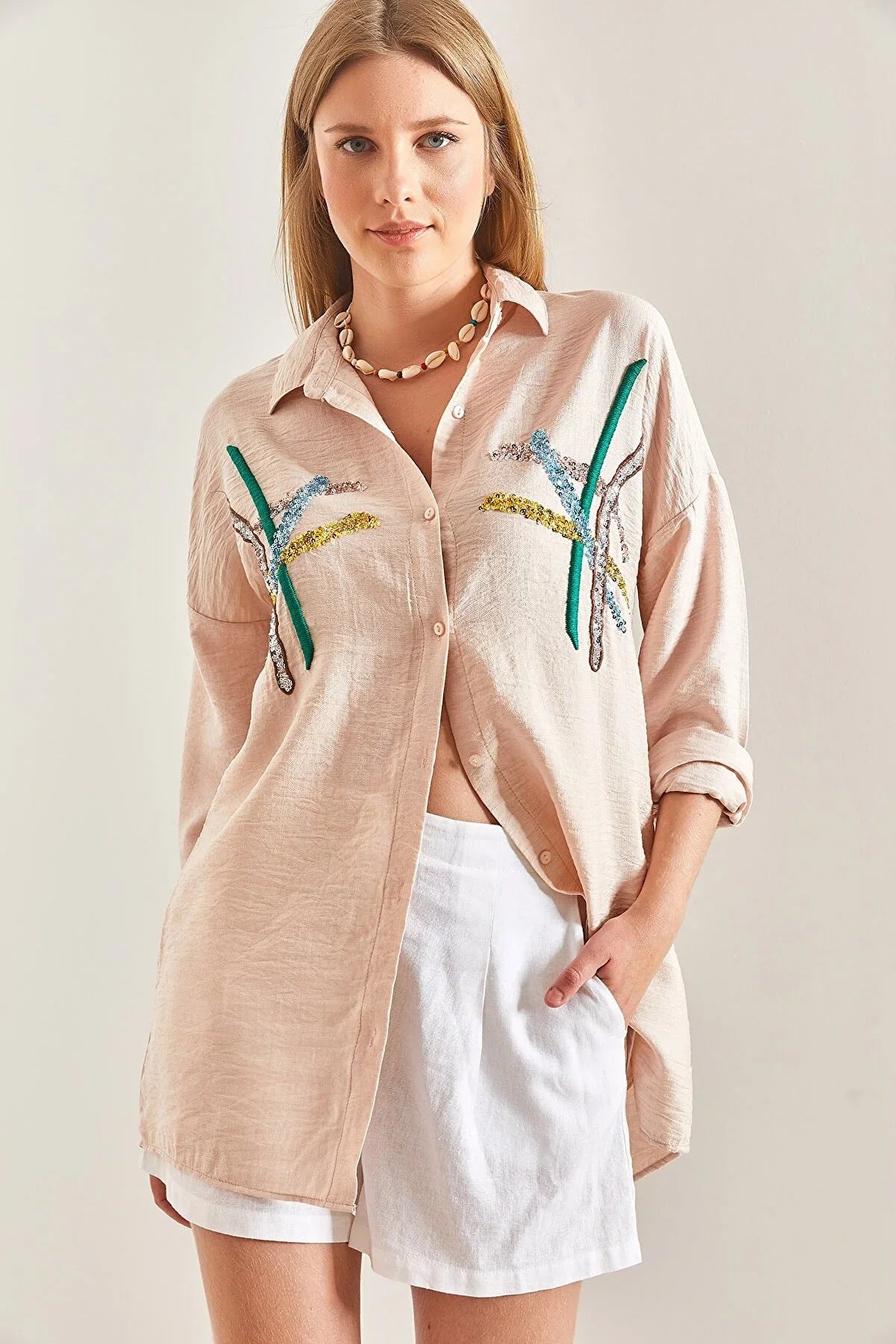 Cotton Beige Designer Sequin Blouse