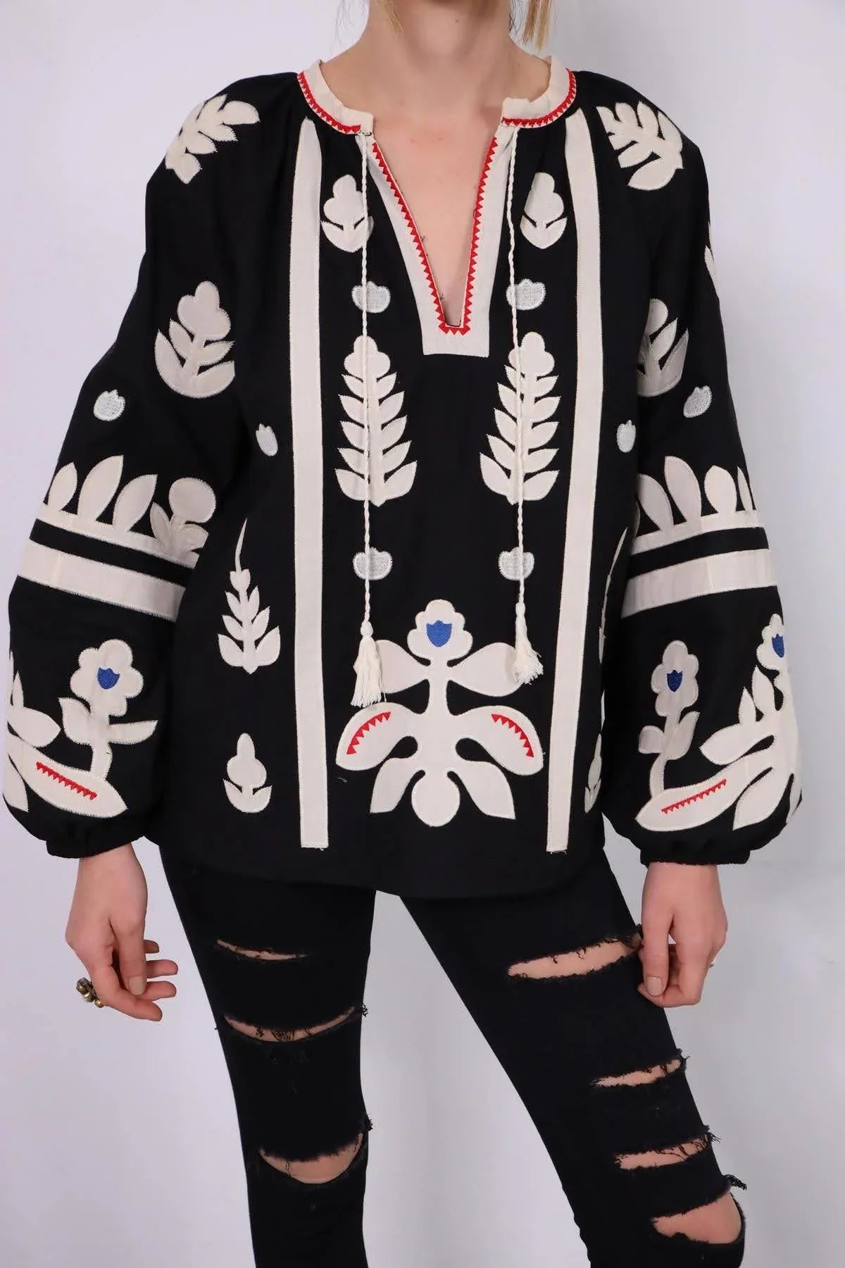 Black Ethnic Embroidered Cotton Vyshyvanka