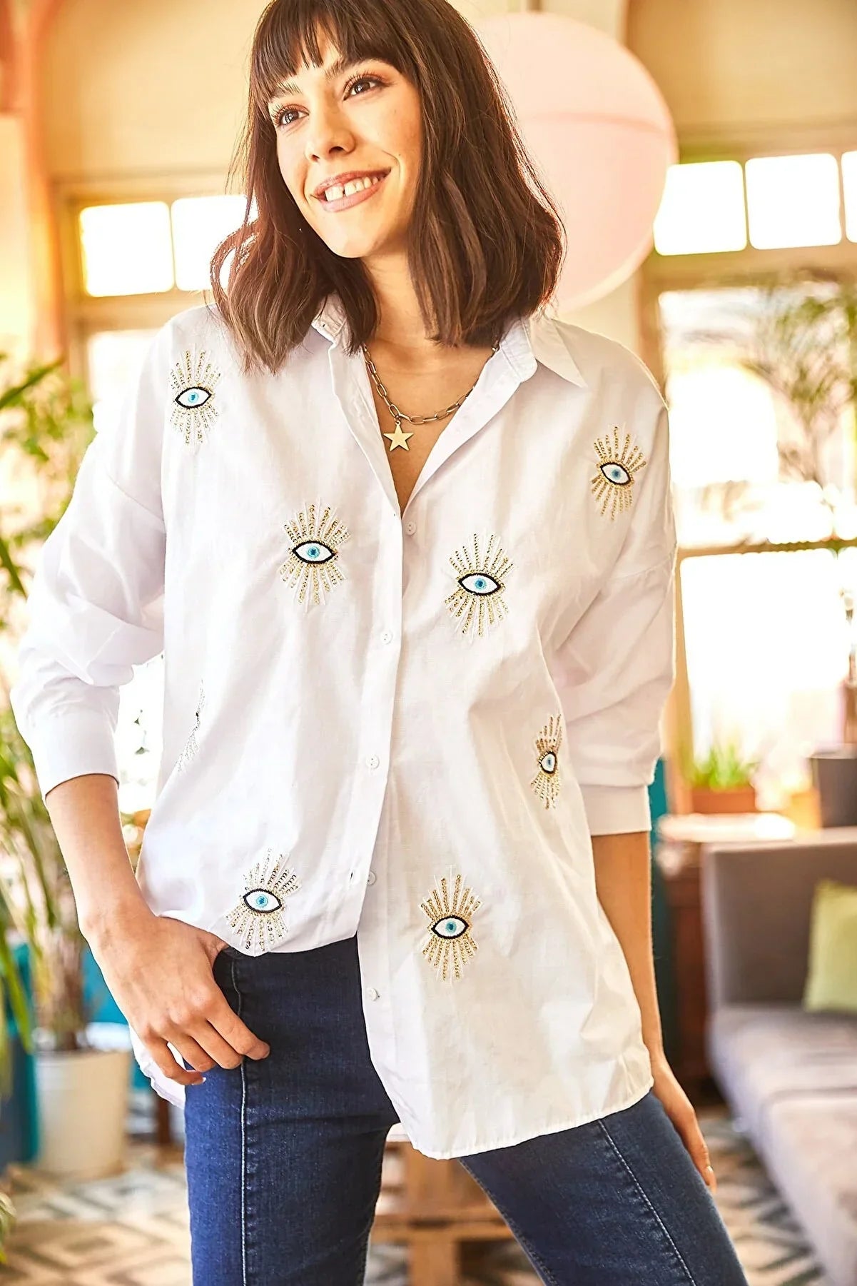 Evil Eye Embroidered Cotton Blouse