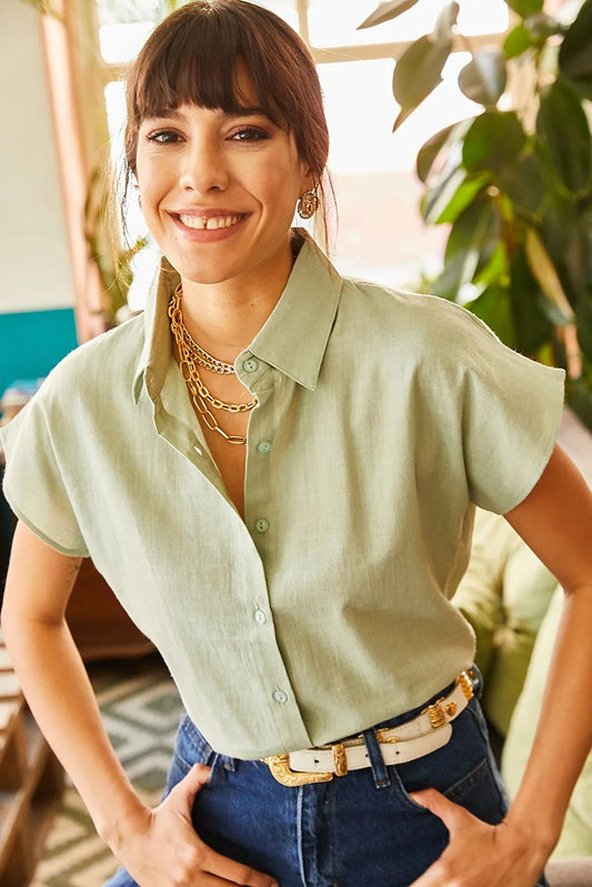 Sofia Soft Green Linen Blend Button Down Short Sleeve Shirt