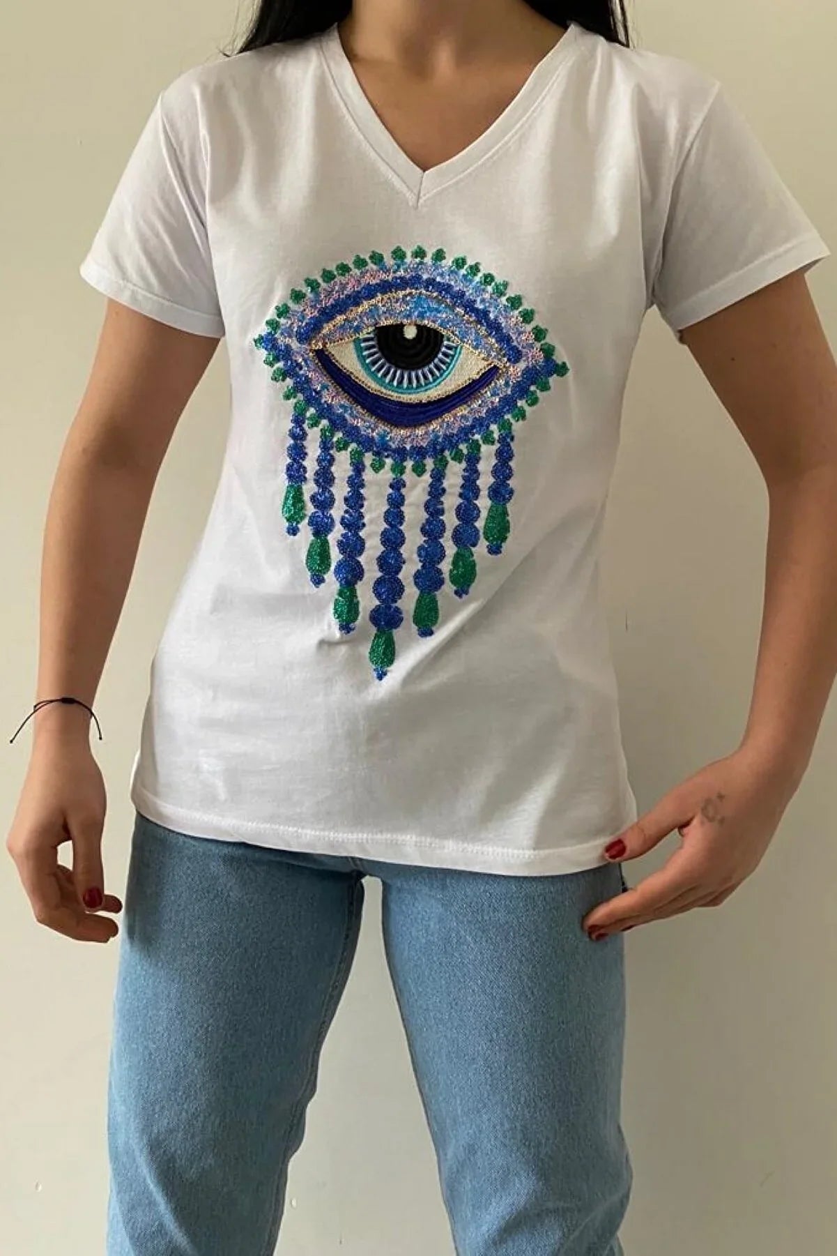 Boze Oog Pailletten Katoenen T-shirt - Wit