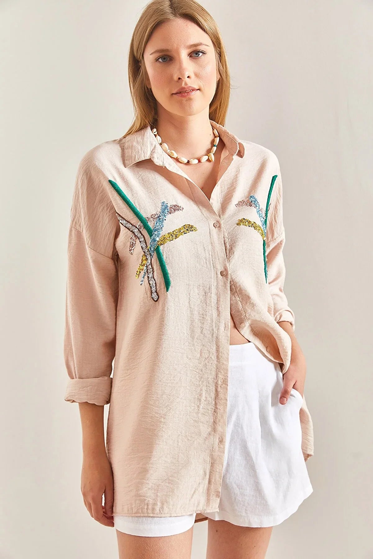 Cotton Beige Designer Sequin Blouse