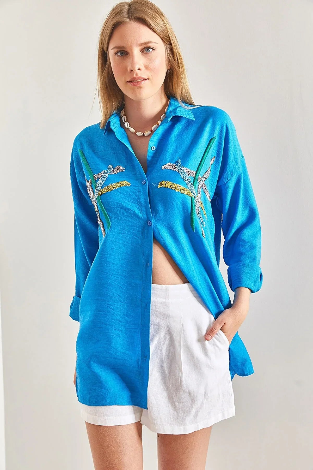 Cotton Beige Designer Sequin Blouse