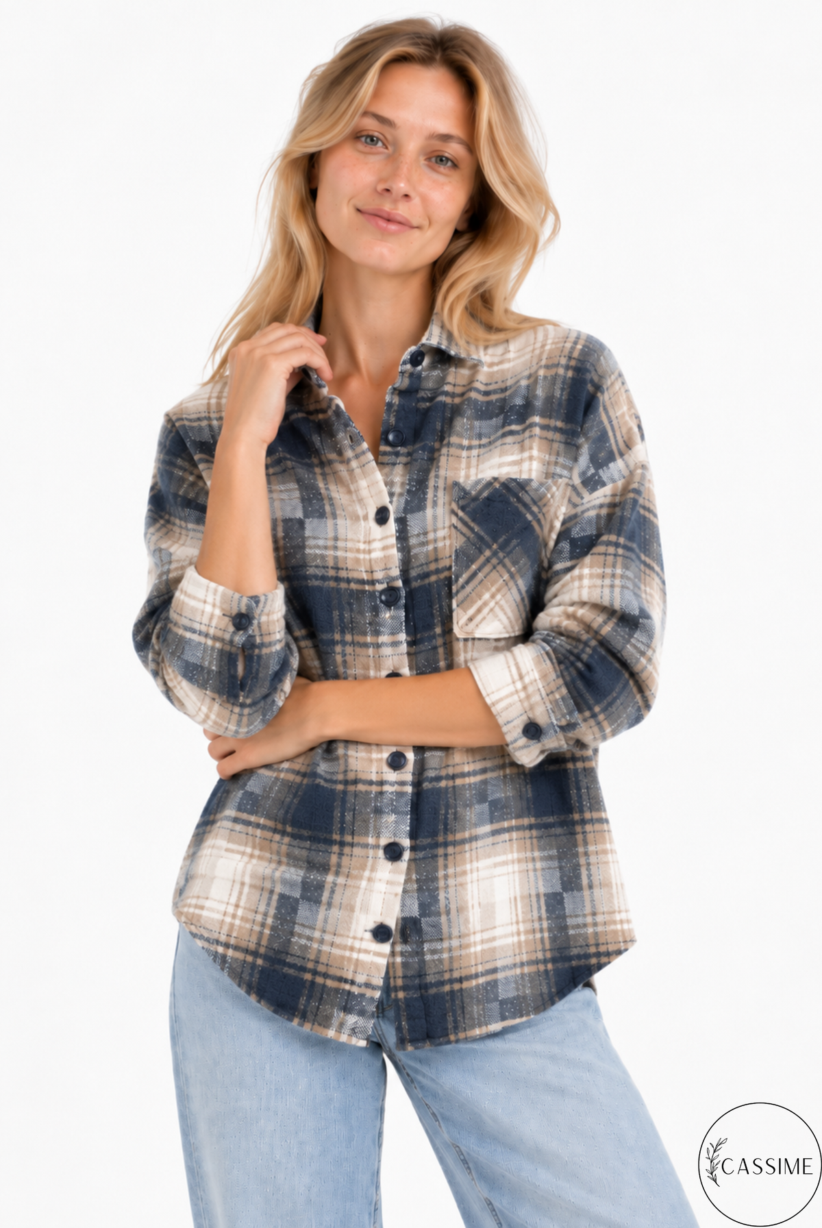 Chaqueta-camisa de cuadros de algodón azul suave crema Harper con capucha