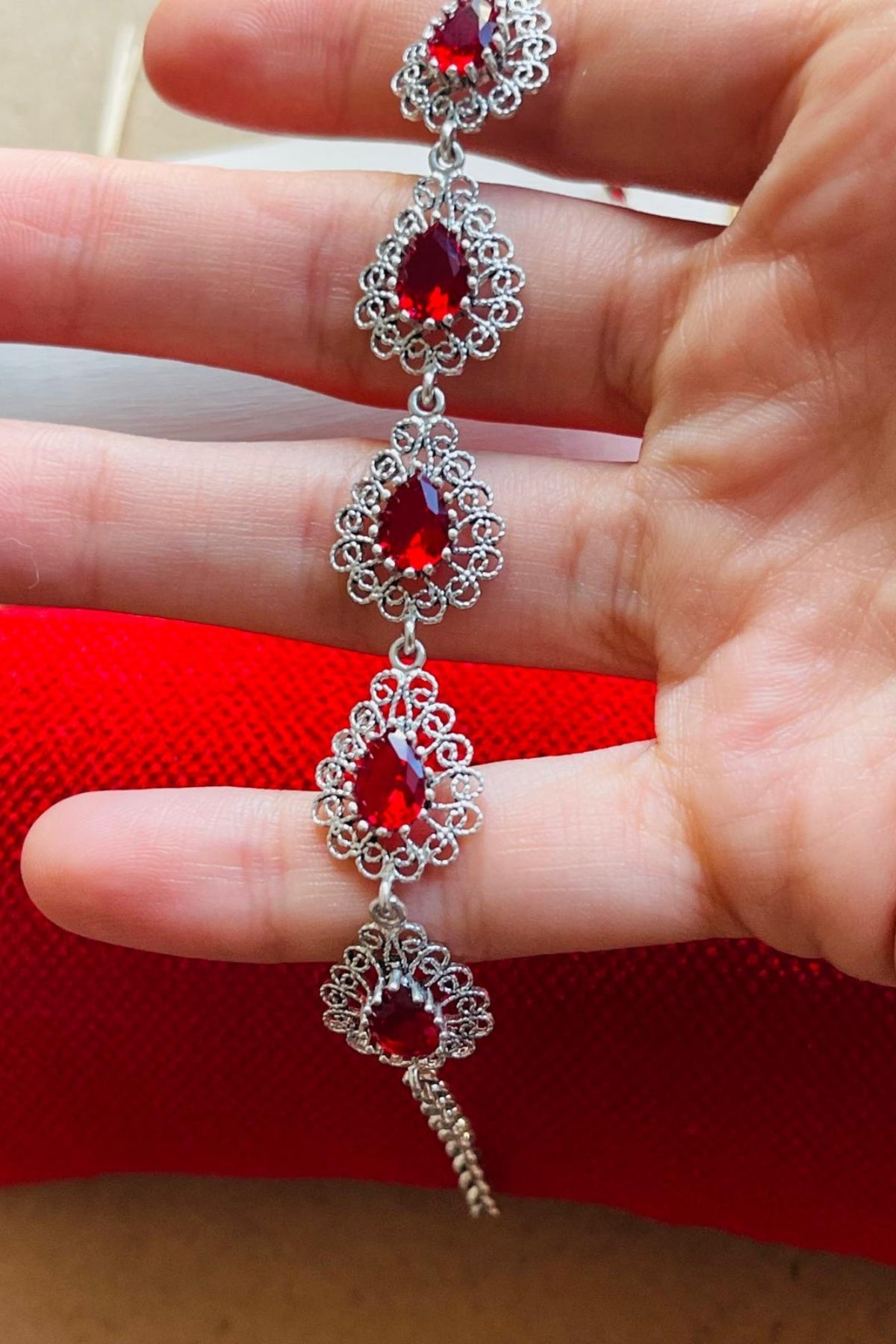 Sterling Silver Filigree Art Ruby Gemstone Link Bracelet