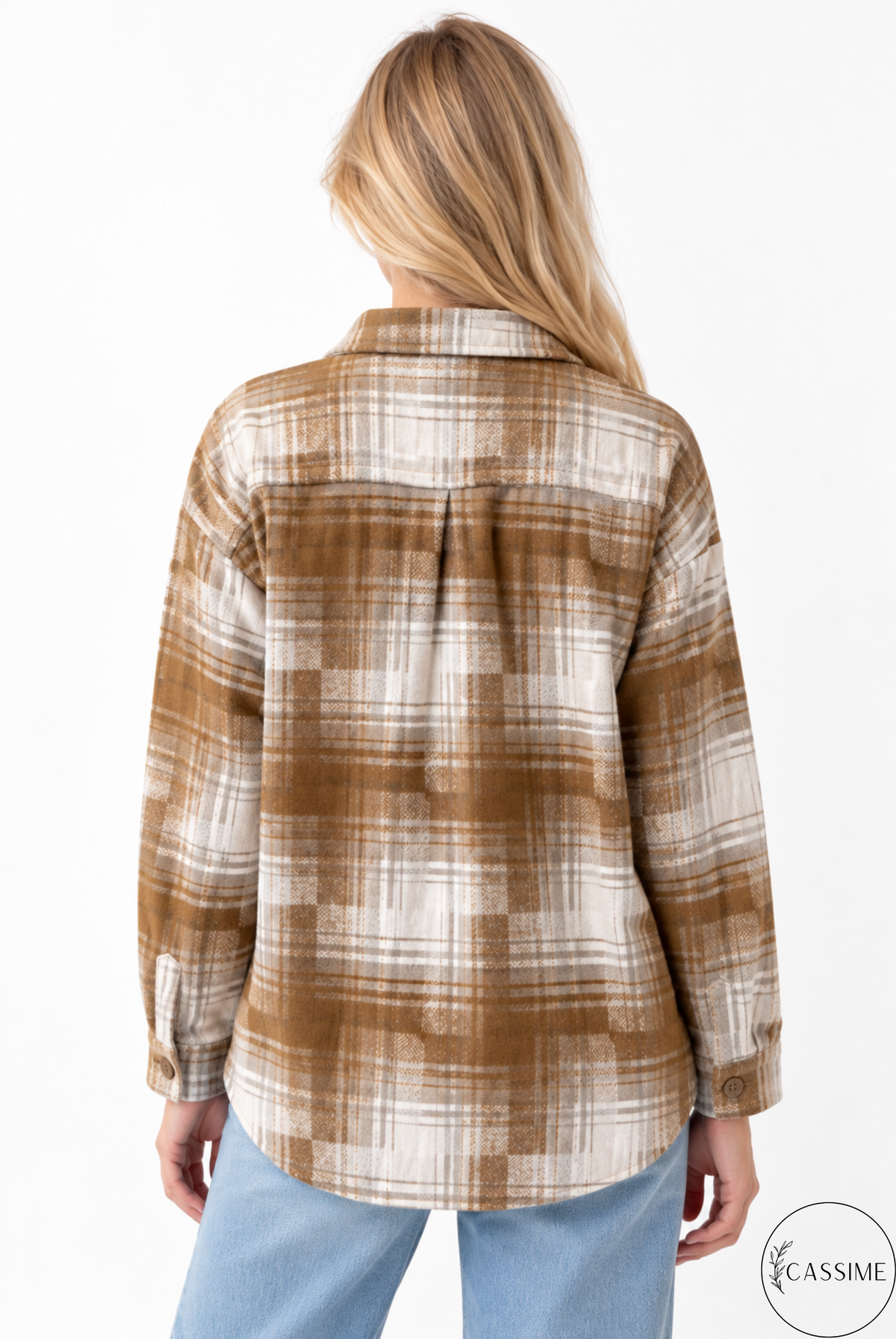 Chaqueta-camisa de cuadros de algodón azul suave crema Harper con capucha