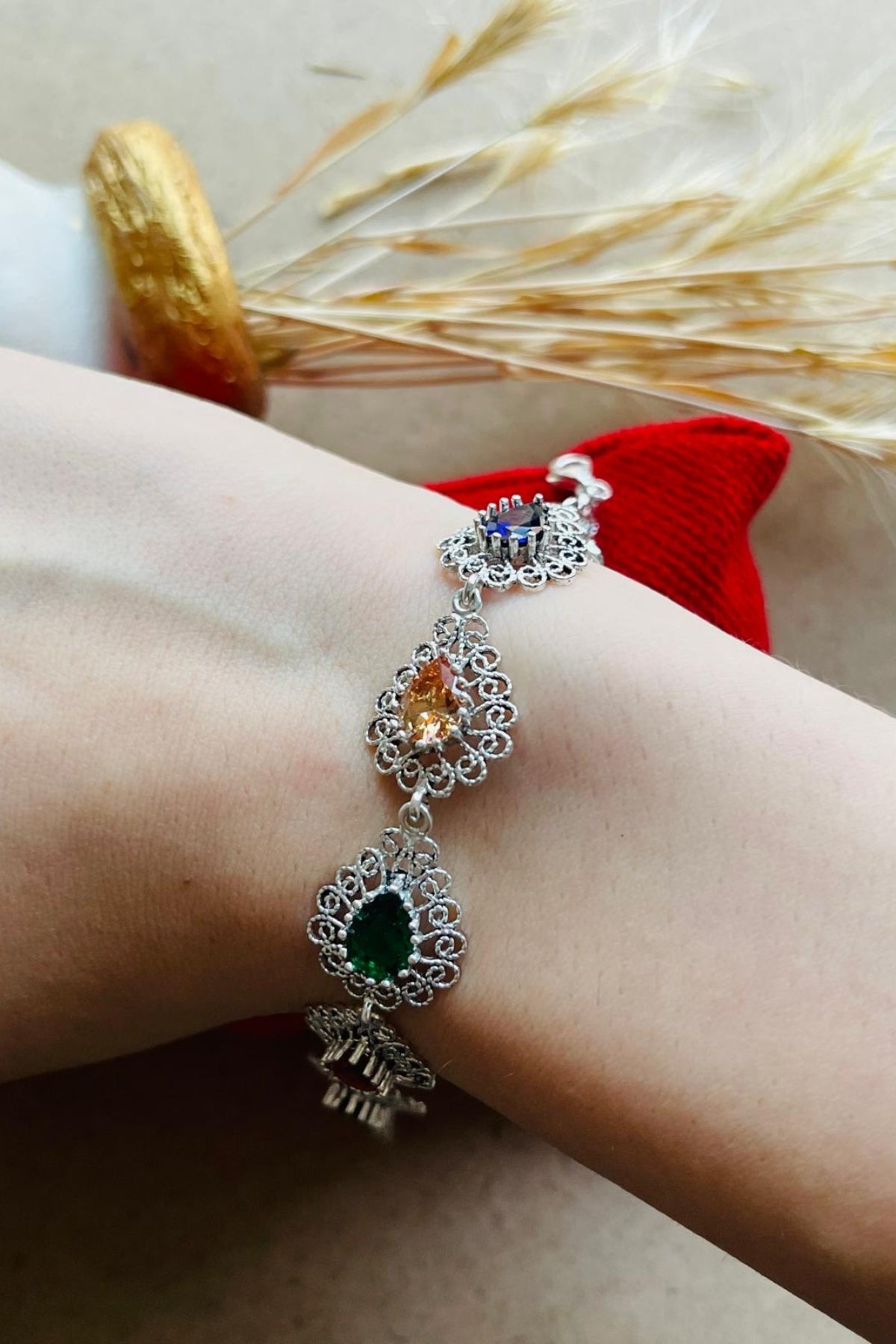 Sterling Silver Filigree Art Colorful Gemstone Link Bracelet