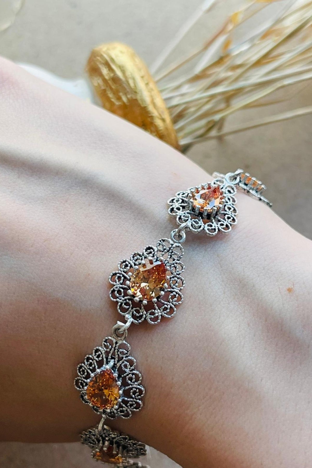 Sterling Silver Filigree Art Citrine Gemstone Link Bracelet