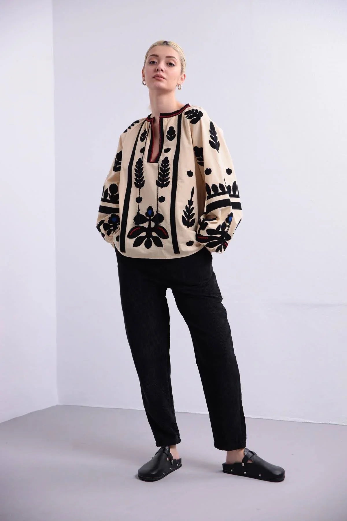 Beige Ethnic Embroidered Cotton Vyshyvanka