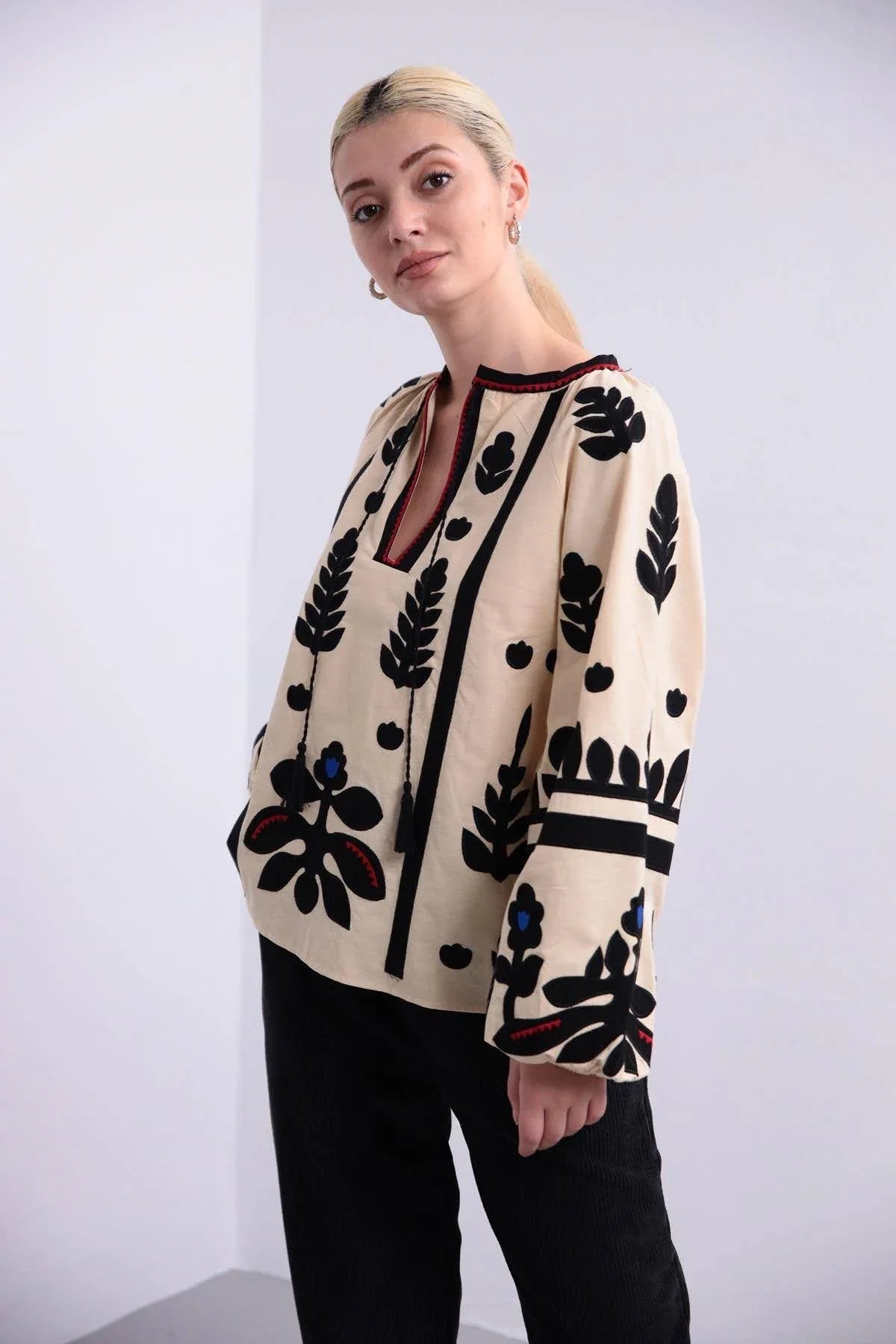 Beige Ethnic Embroidered Cotton Vyshyvanka