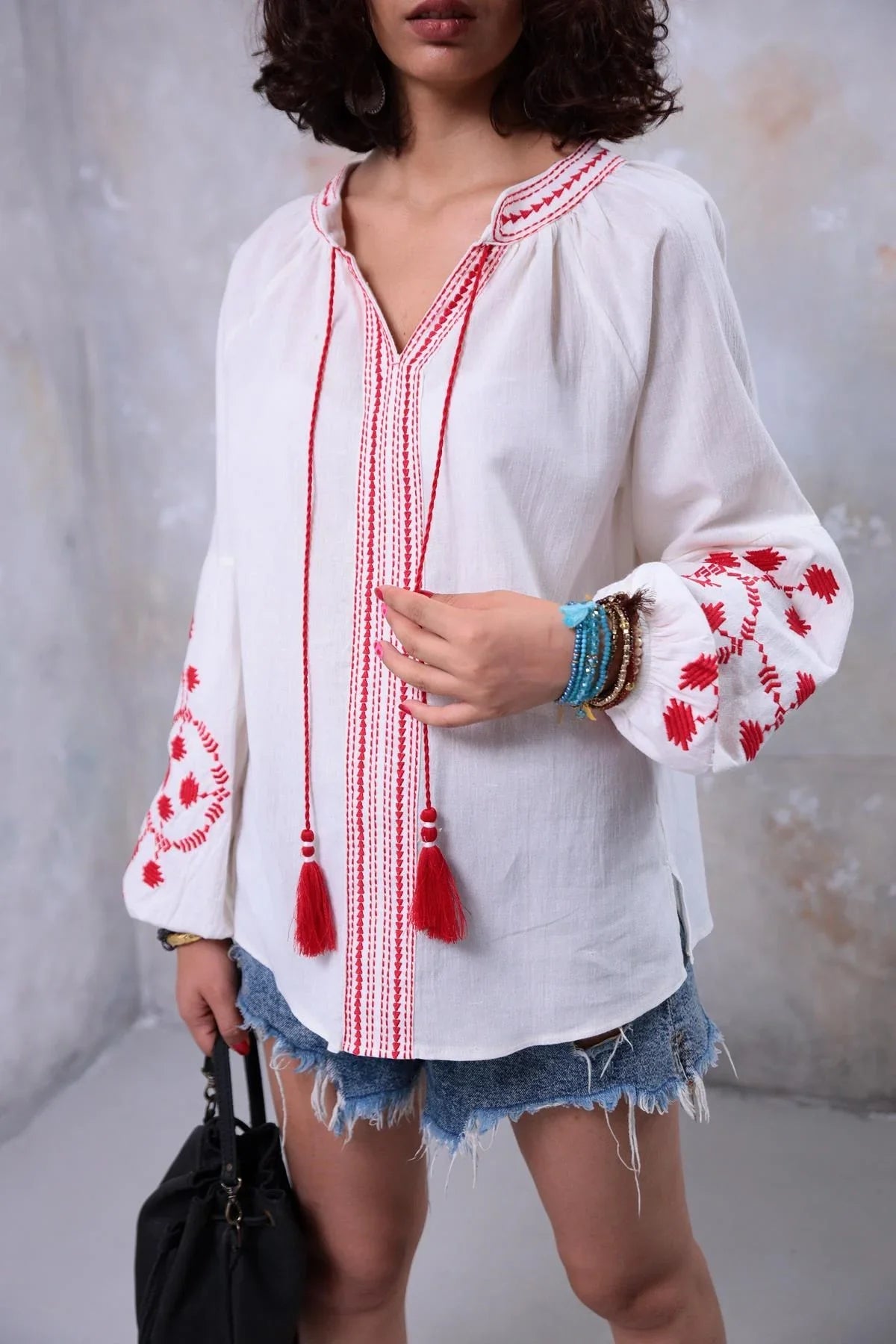Red Tassel Trim Embroiered Cotton Ukrainian Blouse