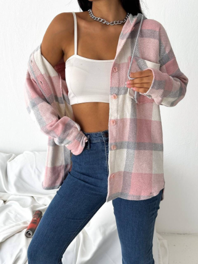 Harper Soft Pink Cotton Plaid Shacket with Hoodie
