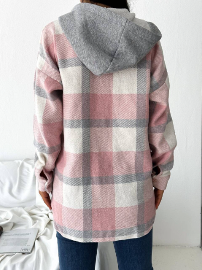 Harper Soft Pink Cotton Plaid Shacket with Hoodie