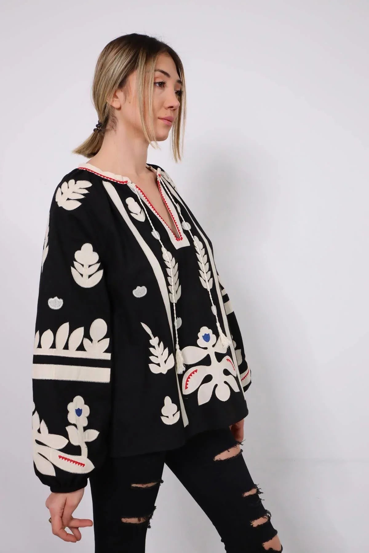 Black Ethnic Embroidered Cotton Vyshyvanka