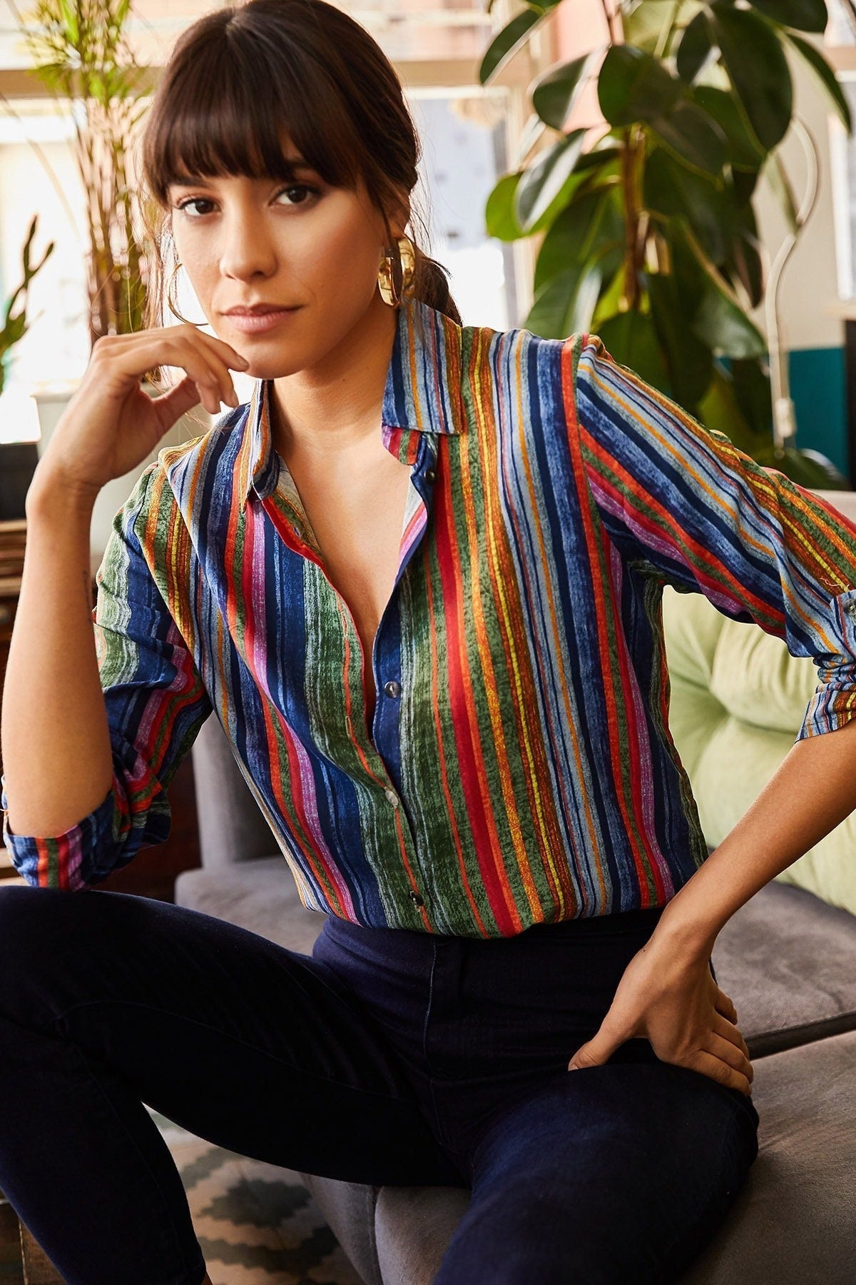 Rainbow Vertical Striped Button-Down Shirt