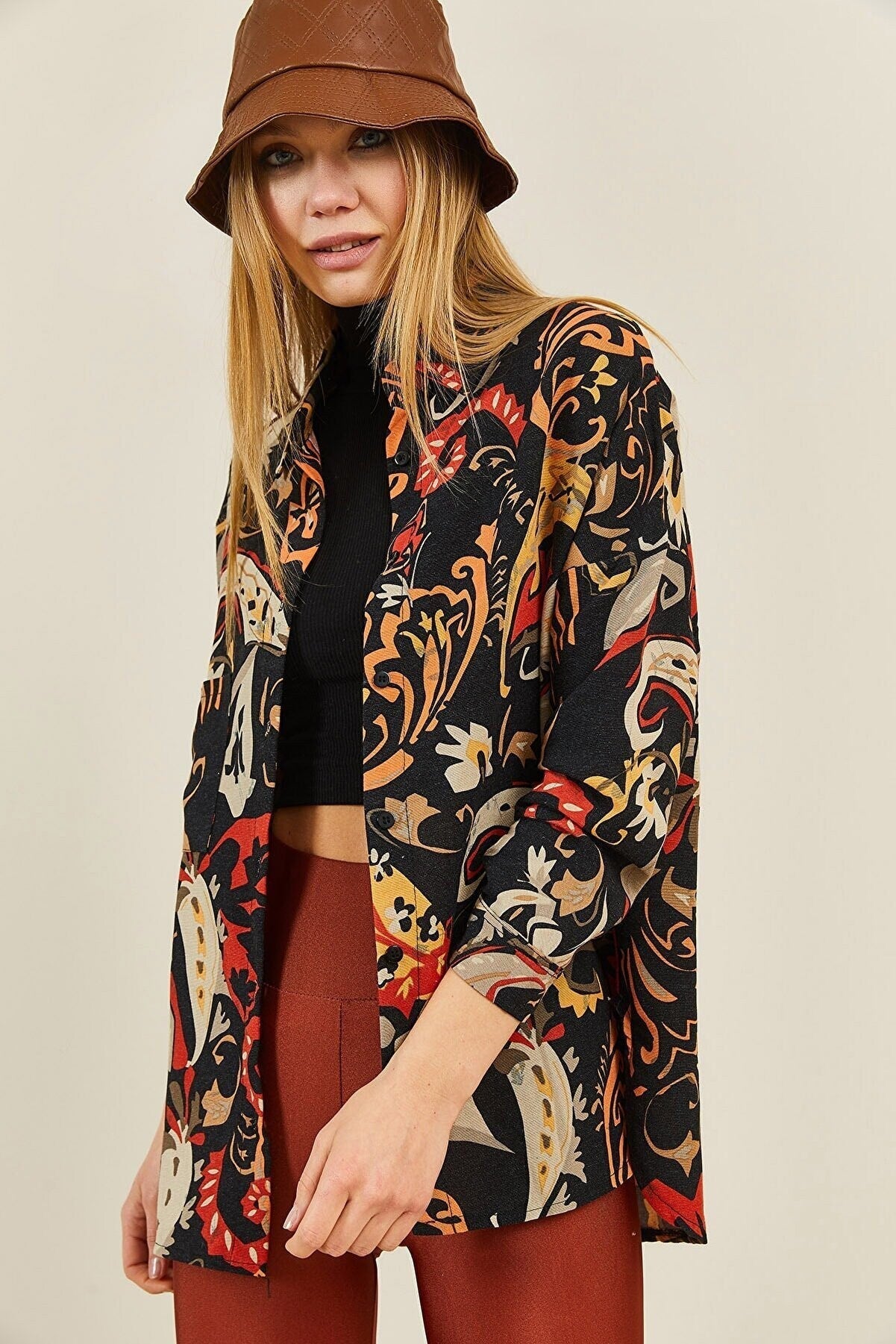 Lola Paisley Linen V-Neck Long Sleeve Blouse Shirt